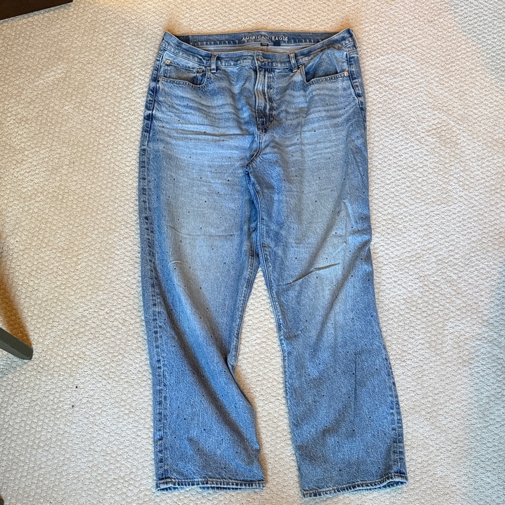 American Eagle Light Blue Rinestoned super high rise baggy straight jeans
